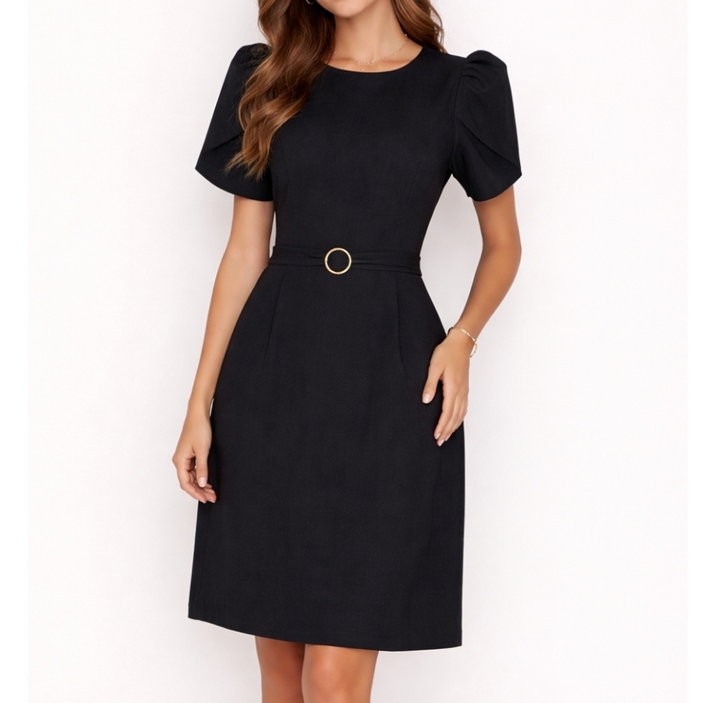 Michael Kors NWT black dress, tulip sleeves, faux belt, size xs